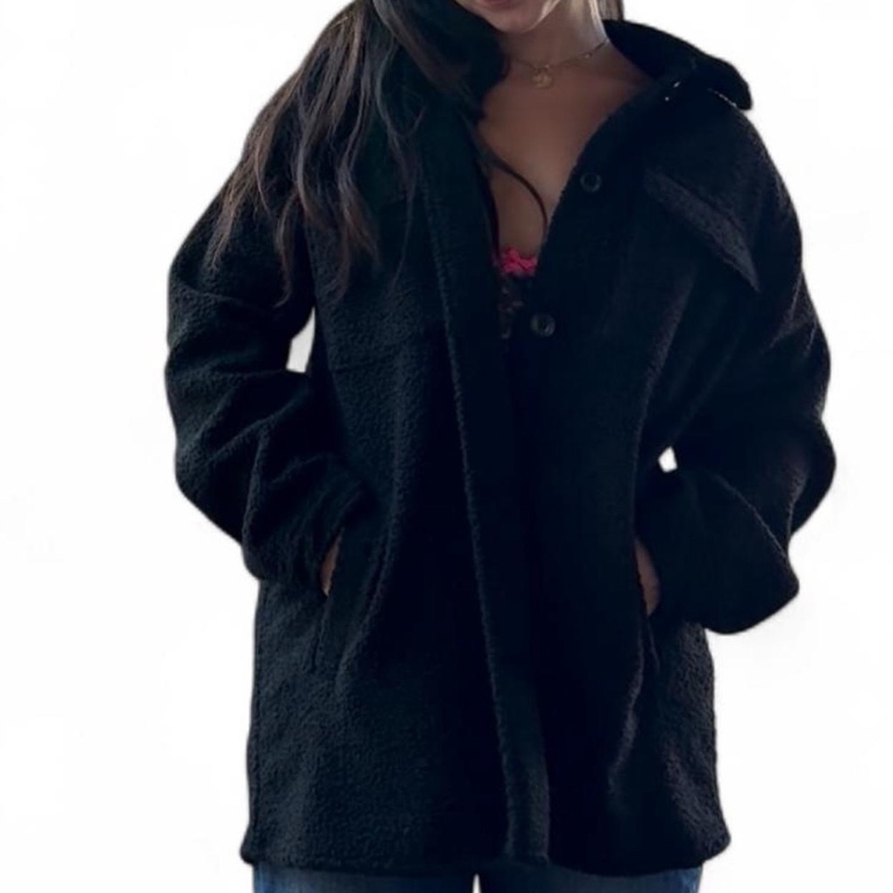 Black Collared Teddy Jacket oversized fit - Picture 4 of 6